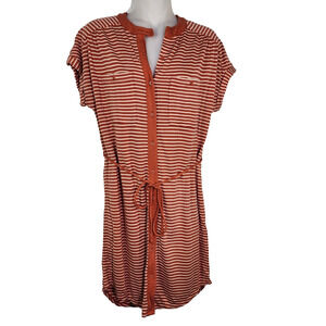 Fossil Womens Mini Dress Small Button Up Orange Striped Tie Waist Short Sleeve